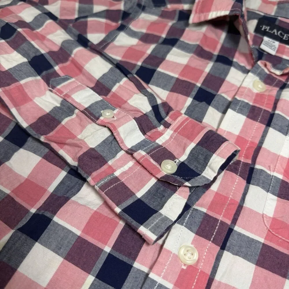 Childrens Place: Boys Long-Sleeve Button-Up Dress Shirt, Pink/Navy Plaid Sz 7/8